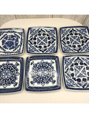 Set of 6 Bombay Blue White Square Salad Dessert Plates 7" Porcelain Floral